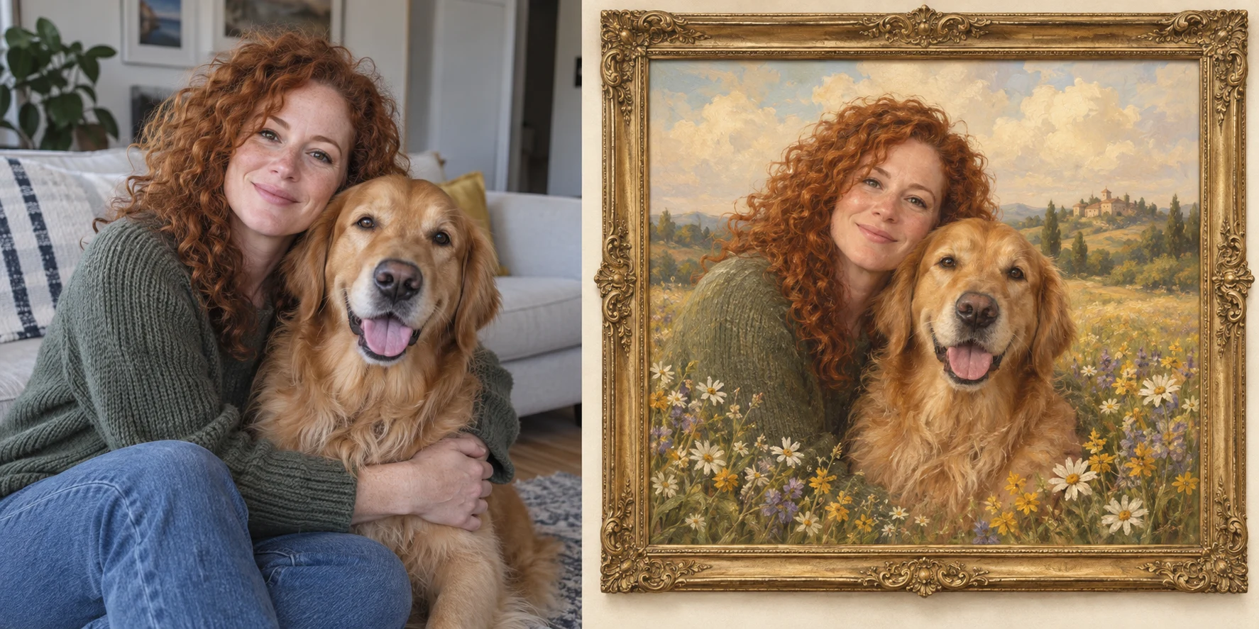 Golden retriever in the garden — Before / After