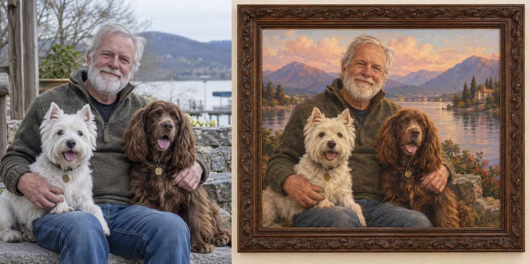 Two dogs by a painted lake — Before / After