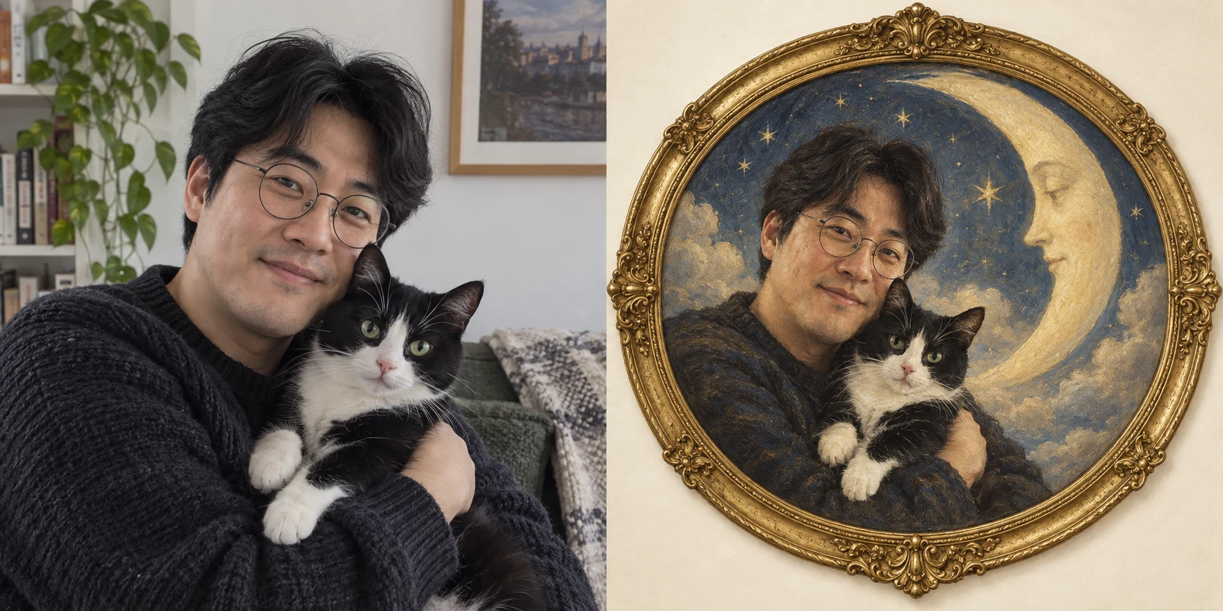 Cat and owner under the moon — Before / After
